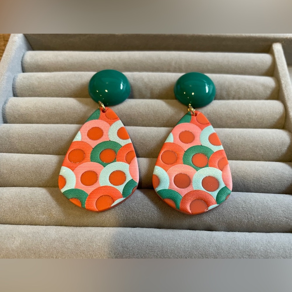 Antique Asian Oil Painting Hong Kong Style Orange Green Teardrop Earrings